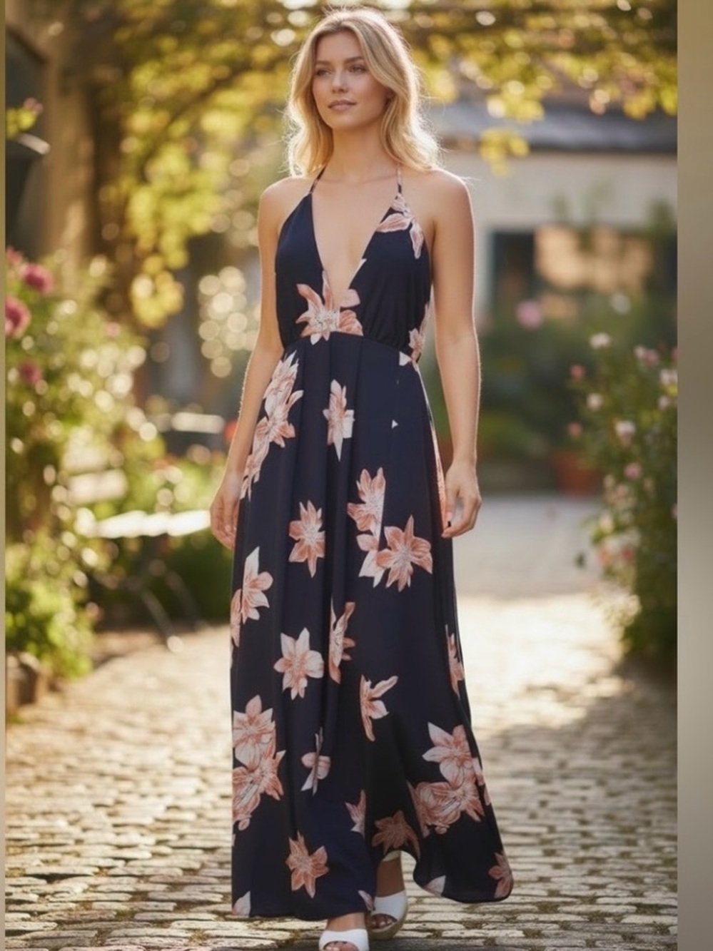 Simplee Navy Floral Maxi Dress - Elegant Summer Dress
